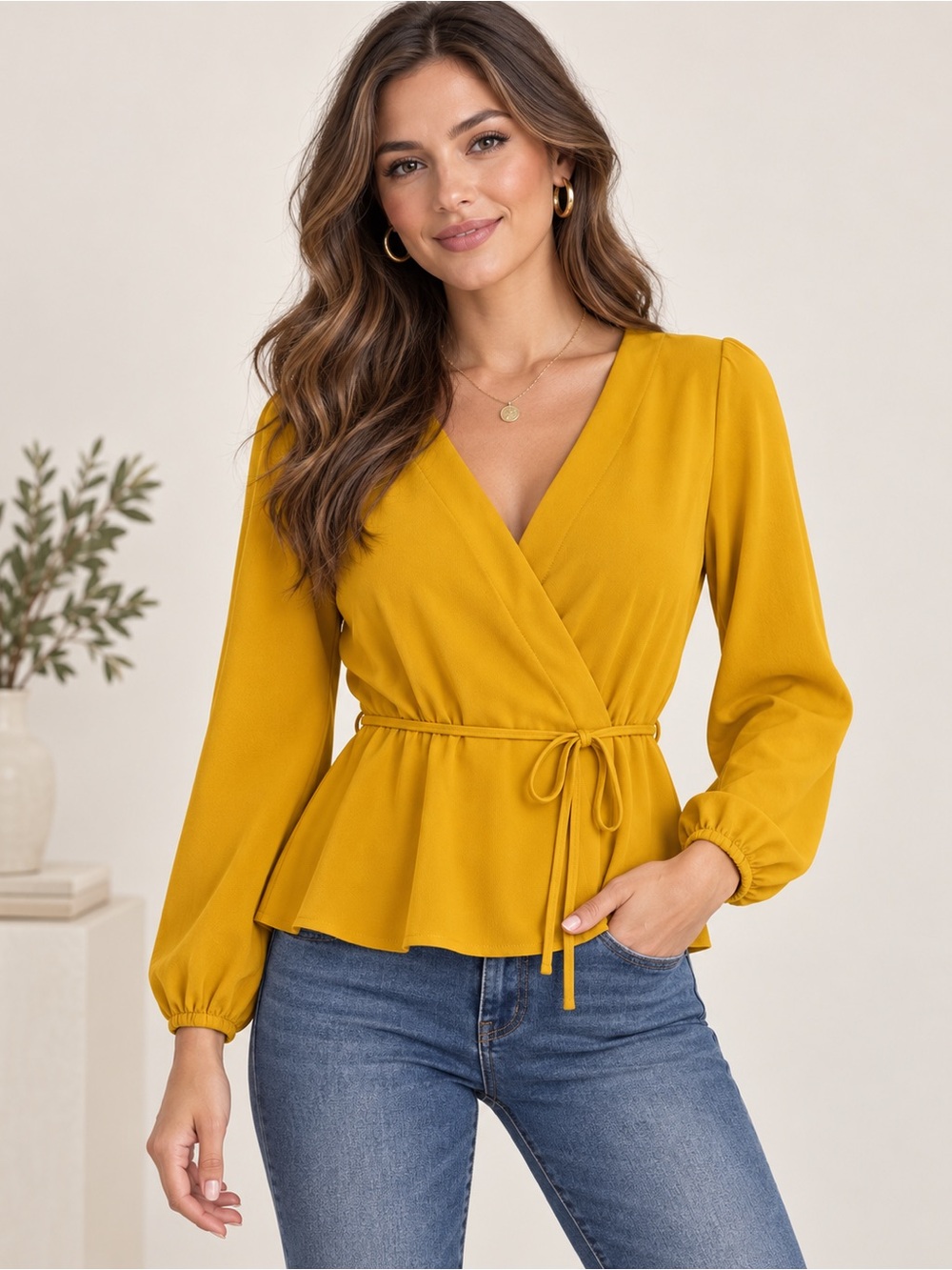 Women’s Wrap Peplum Blouse in Mustard